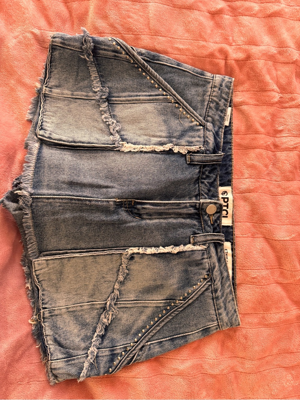 Distressed Blue Denim Mini Skirt-Shorts with Stud Accents